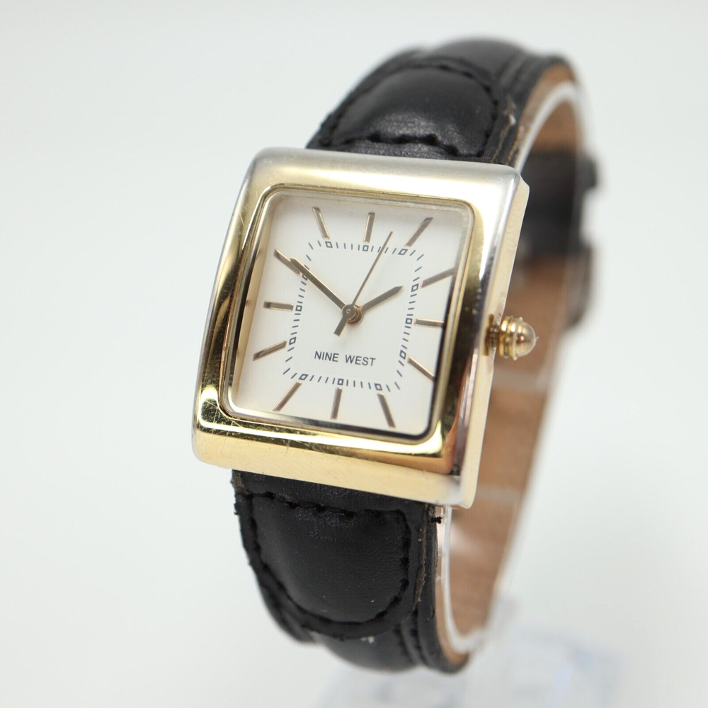 Nine West Womens Gold Tone Tank Watch 27mm Black Faux Leather w New Battery